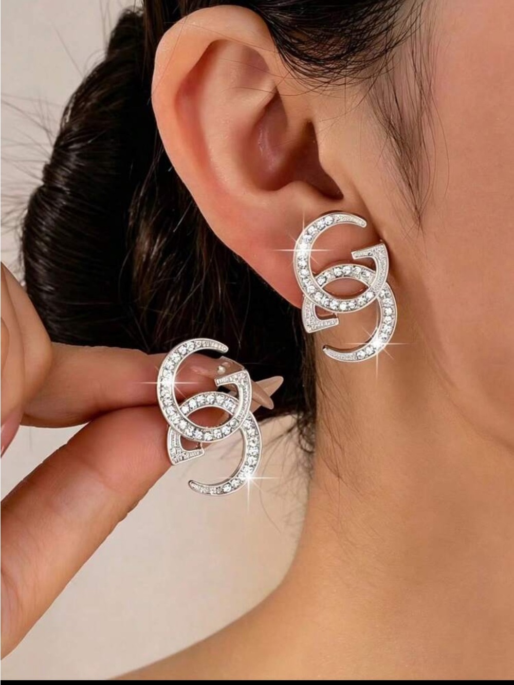 GG Crystal Double-Crescent Drop Earrings - Silver Tone